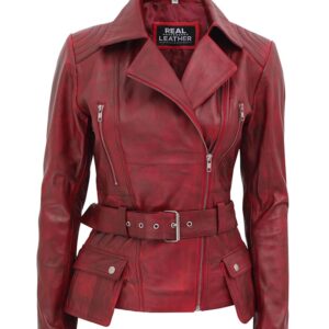 Victoria Maroon Leather Biker Jacket Women
