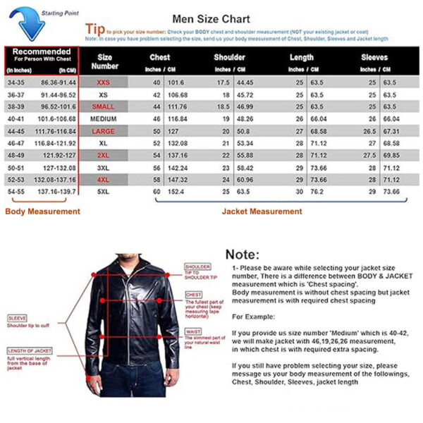 Men leather jacket size chart